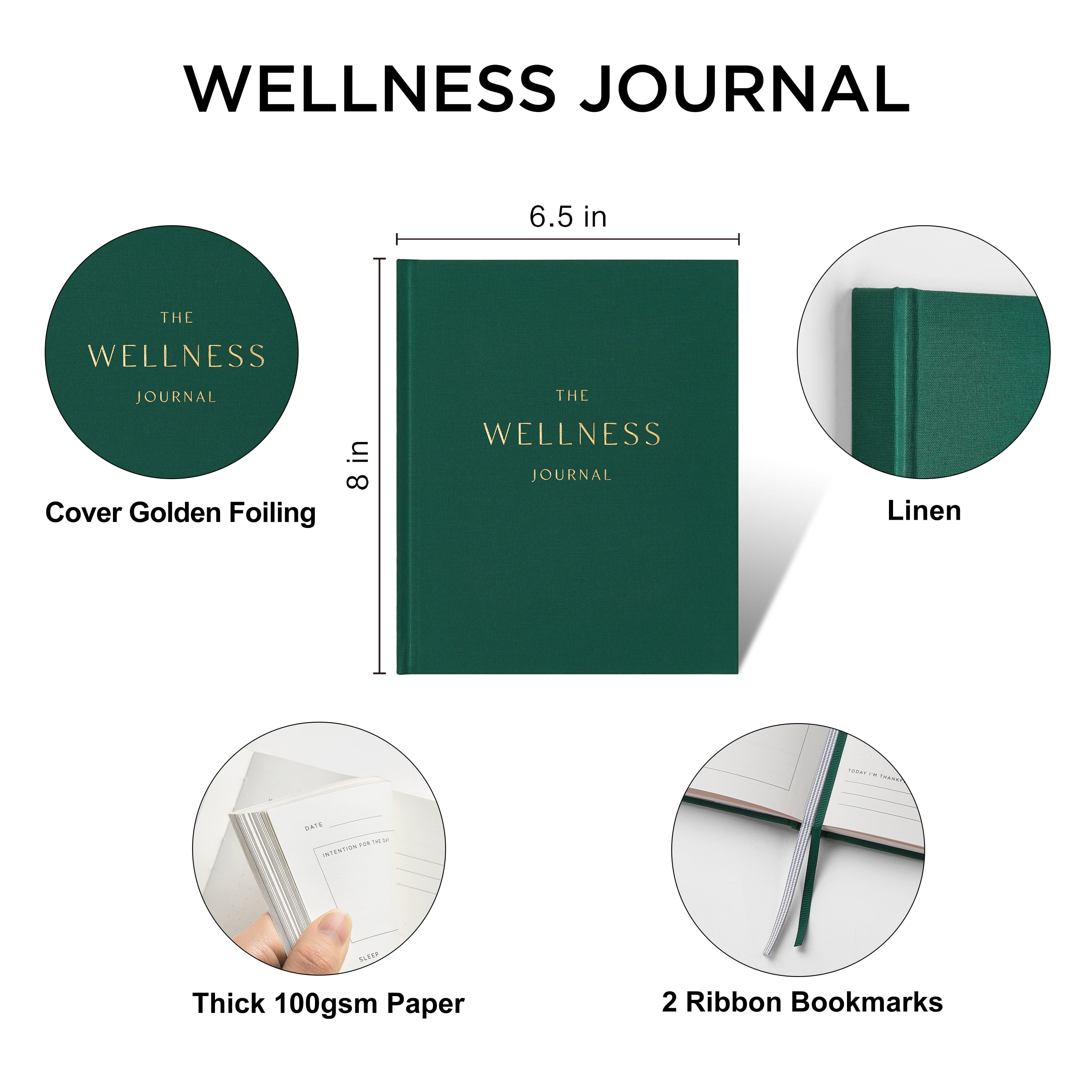 Wellness Journal, 6.5"X 8", 91 Days Undated Self-Care Mental Health Journal, Guided Prompts for Reflection (Green)